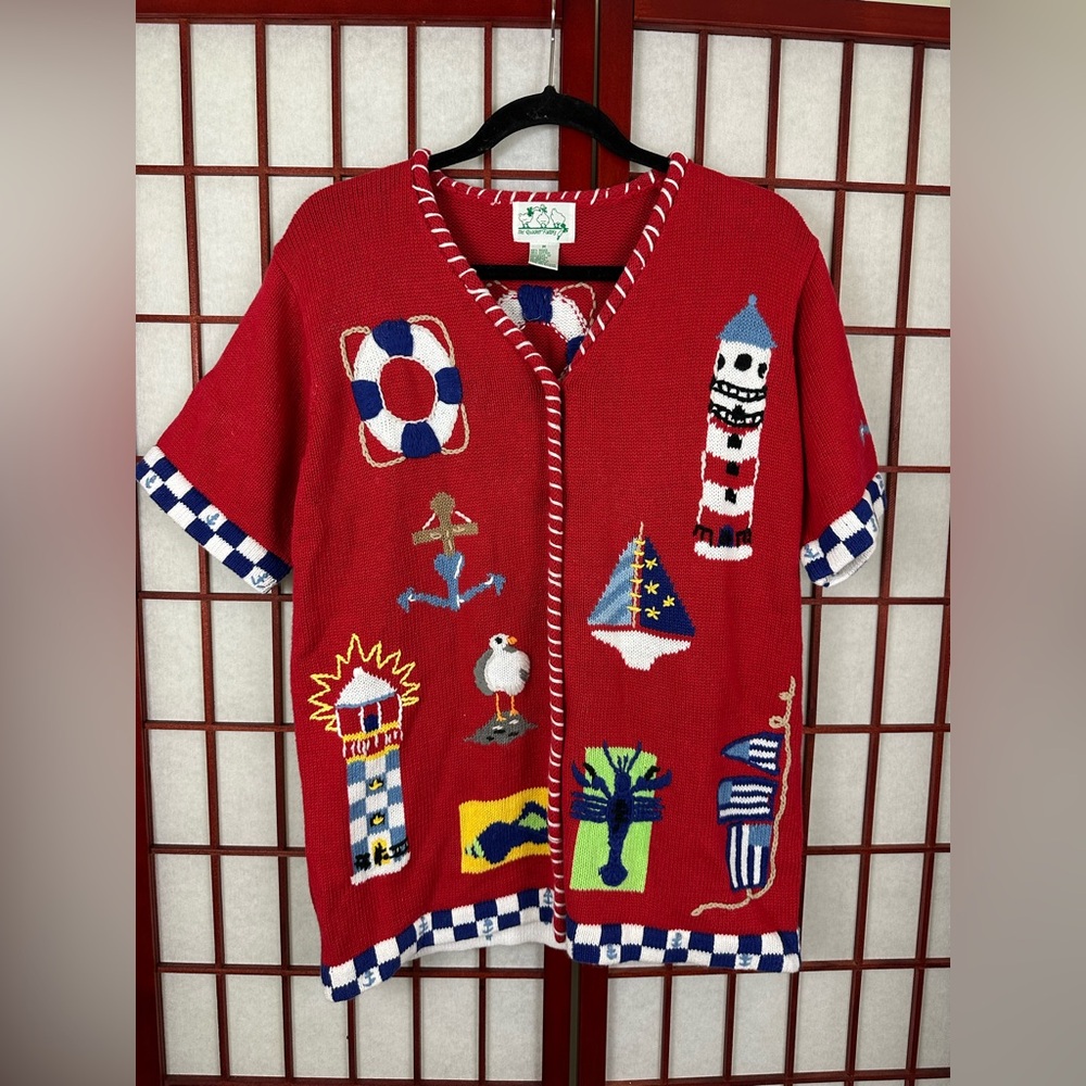 The Quaker Factory Nautical Seaside Red Knit Funky Short Sleeve Cardigan Sweater